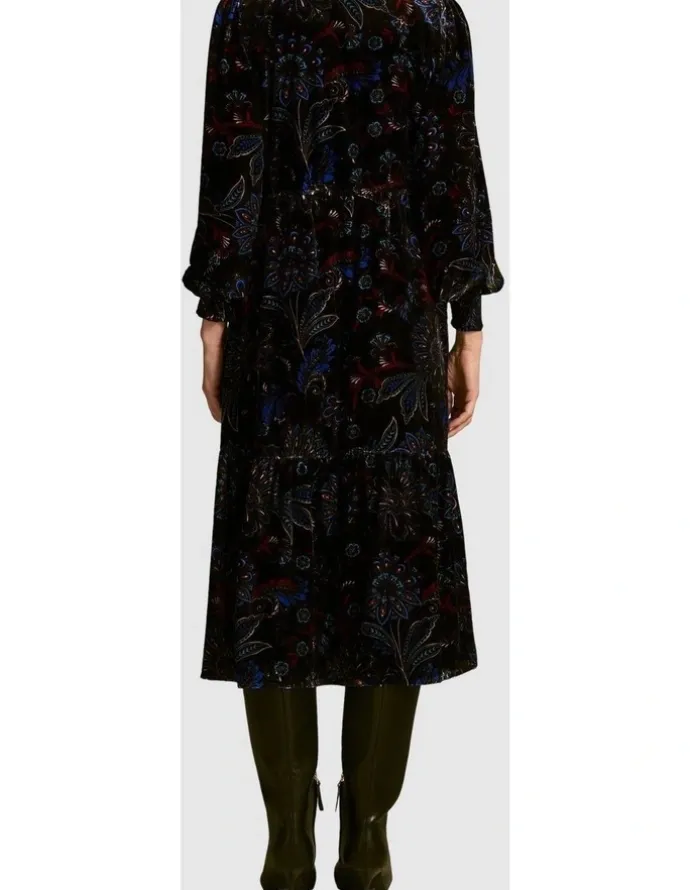 Blue Illusion Printed Velvet Tier Dress - Indigo Chintz Print