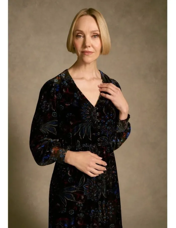 Blue Illusion Printed Velvet Tier Dress - Indigo Chintz Print