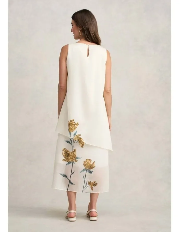 Blue Illusion Sheer Layer Dress - Lone Stem Print
