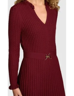 Blue Illusion Wool Cable Knit Dress - Claret
