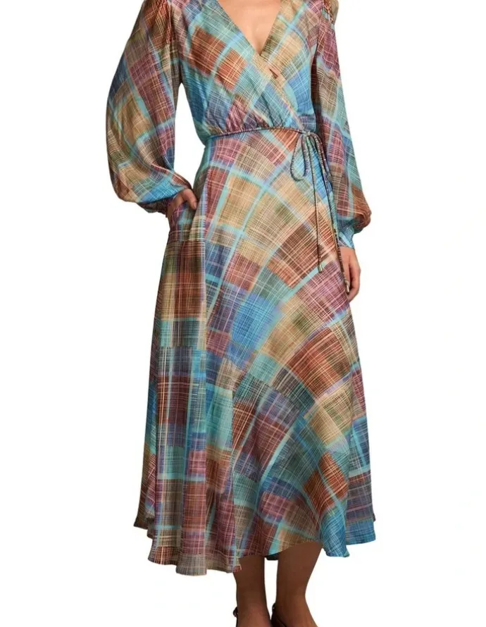 Blue Illusion Wrap Front Georgette Dress - Plaid
