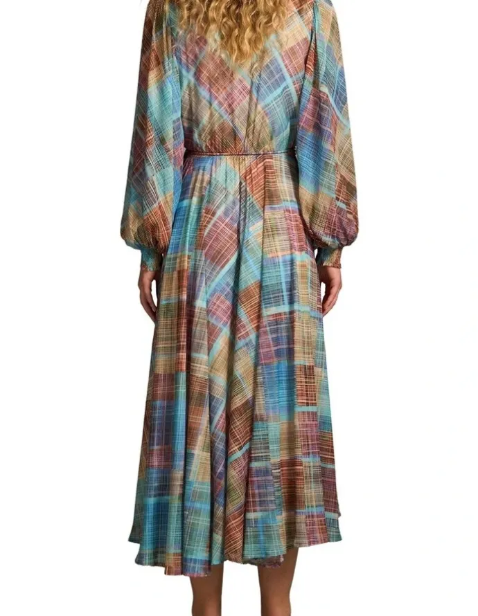 Blue Illusion Wrap Front Georgette Dress - Plaid