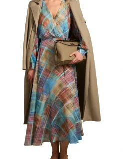 Blue Illusion Wrap Front Georgette Dress - Plaid