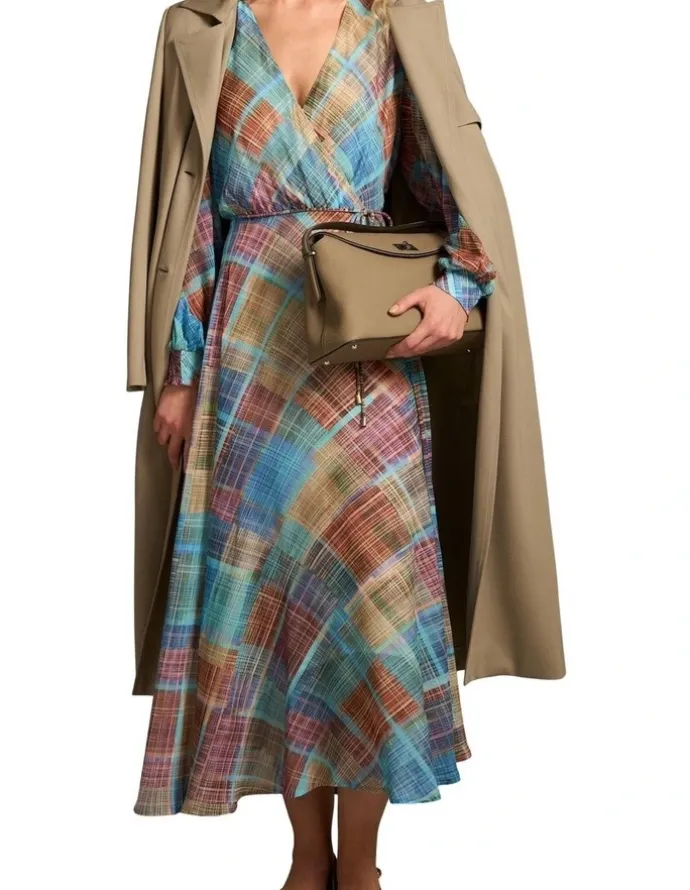 Blue Illusion Wrap Front Georgette Dress - Plaid