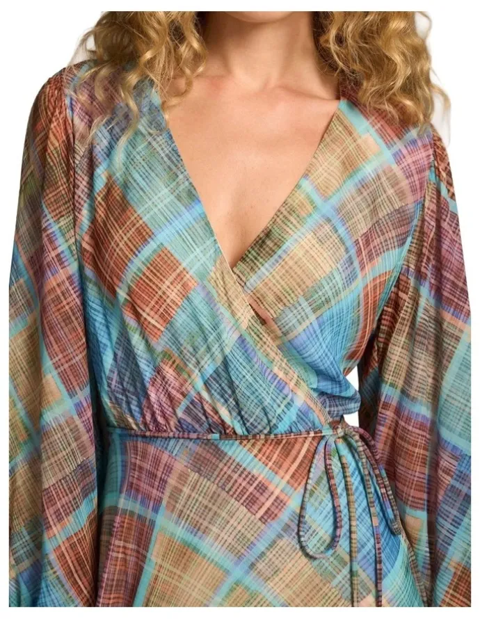 Blue Illusion Wrap Front Georgette Dress - Plaid