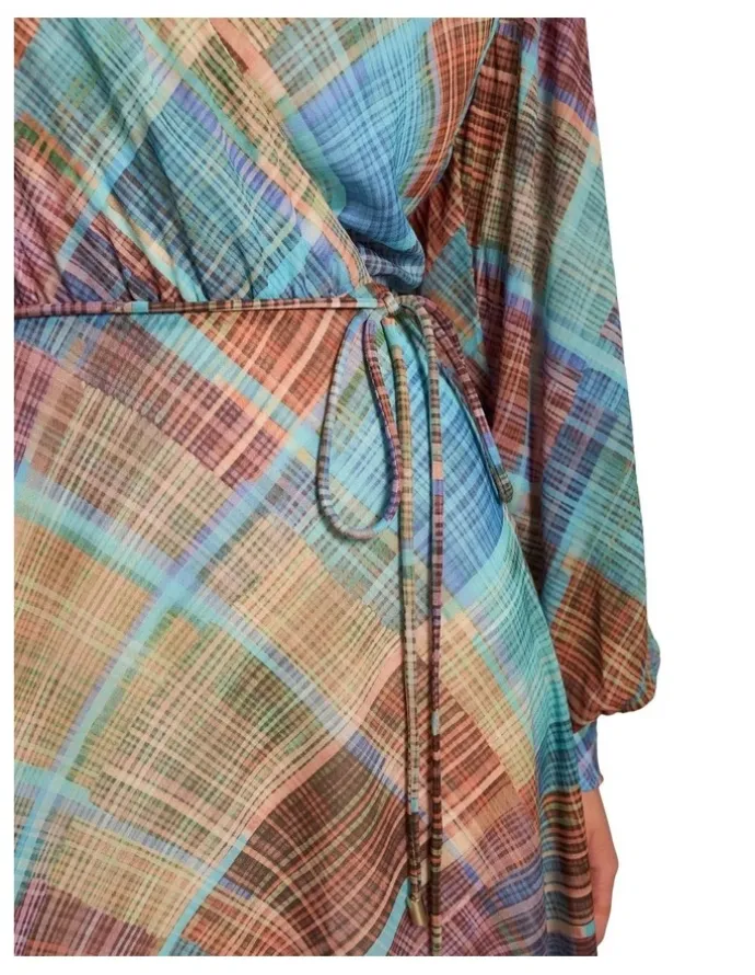 Blue Illusion Wrap Front Georgette Dress - Plaid