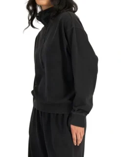Bonds Denim Wash Half Zip Pullover Sweat Top in Stone Black