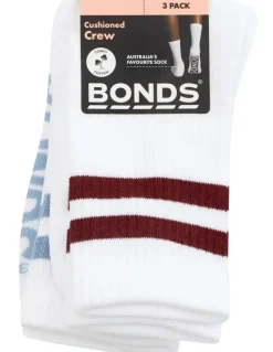 Bonds Logo Cushioned Stripe Crew Socks 3 Pack in White