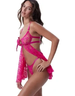 Bras N Things Bras N Things Night Games Cherry Delight Unlined Bbydoll & String Set in Dark Pink