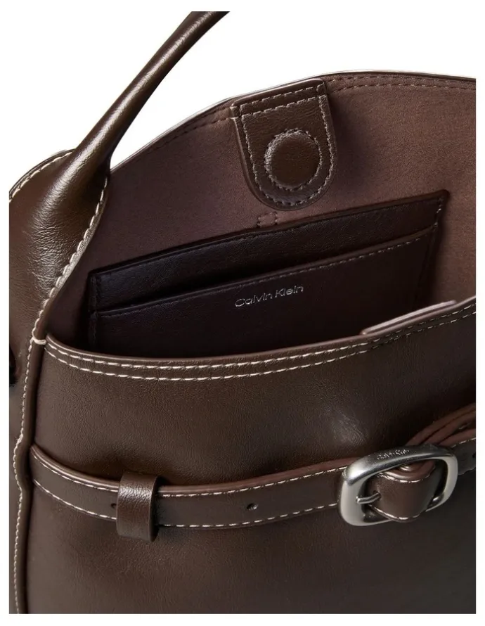 Calvin Klein Buckle Mini Bucket Crossbody Bag in Chocolate