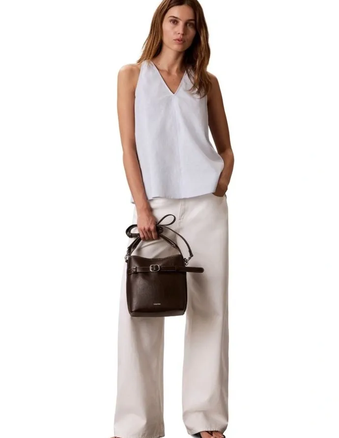 Calvin Klein Buckle Mini Bucket Crossbody Bag in Chocolate