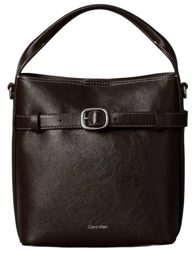 Calvin Klein Buckle Mini Bucket Crossbody Bag in Chocolate