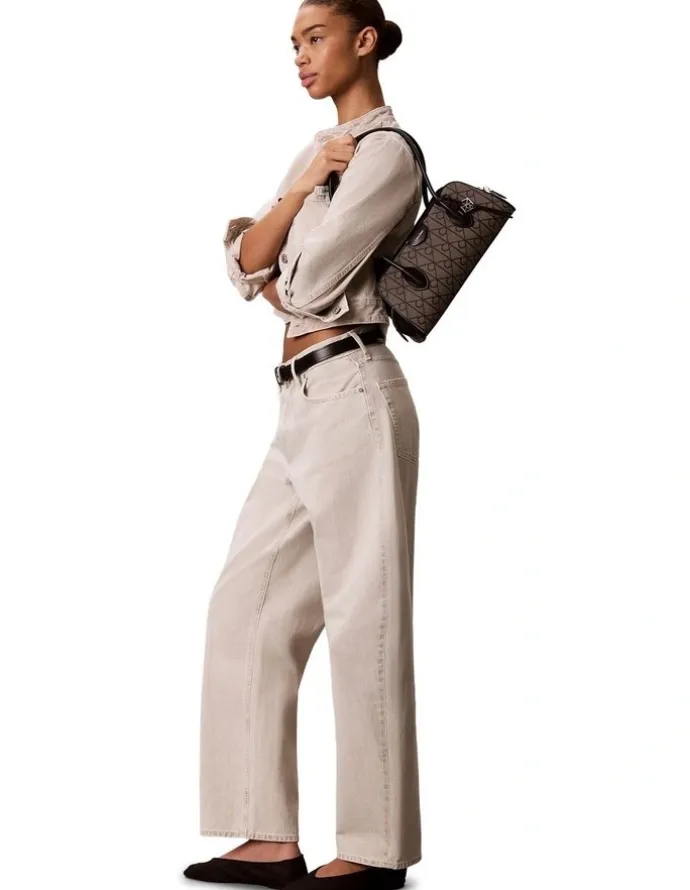 Calvin Klein Emblem Trio Shoulder Bag in Lotus Beige/Black Aop