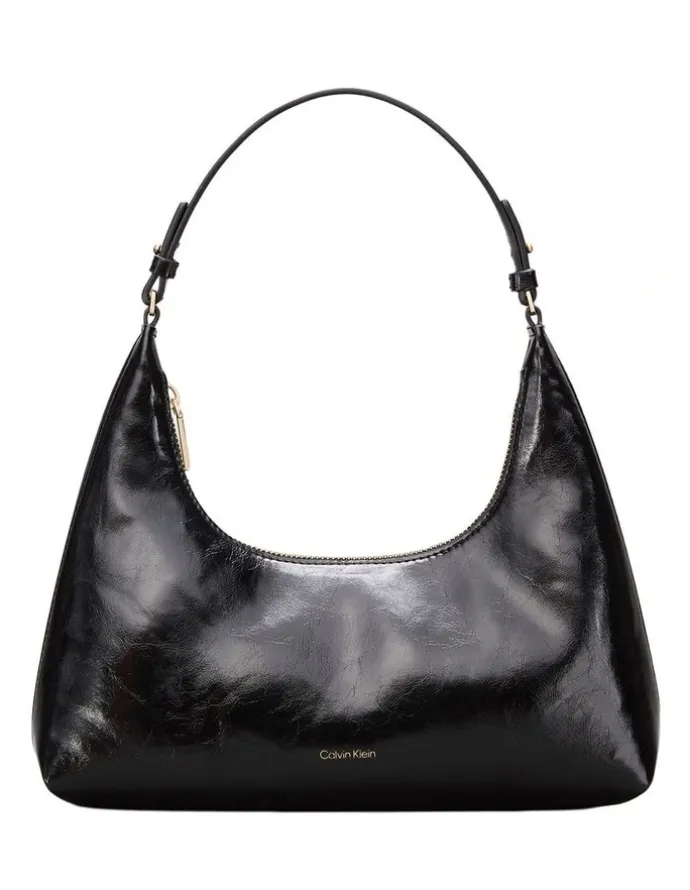 Calvin Klein Foil Logo Glossy Shoulder Bag in Black
