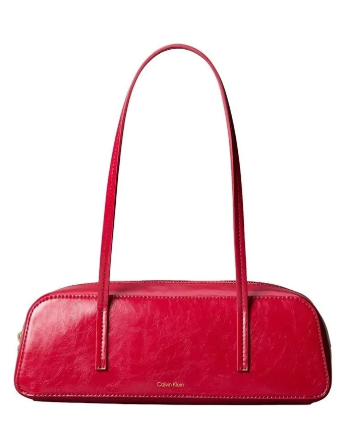 Calvin Klein Glossy Embossed Logo Bauletto Shoulder Bag in Bordeaux Wine