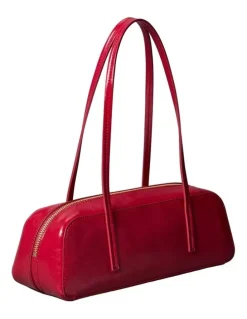 Calvin Klein Glossy Embossed Logo Bauletto Shoulder Bag in Bordeaux Wine