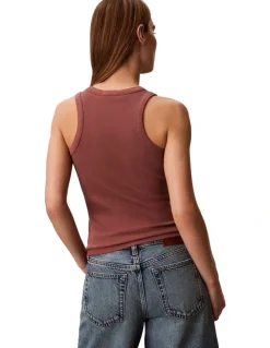 Calvin Klein Jeans Cotton Rib Logo Tank in Sierra Brown