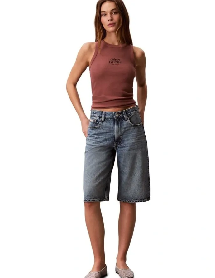 Calvin Klein Jeans Cotton Rib Logo Tank in Sierra Brown