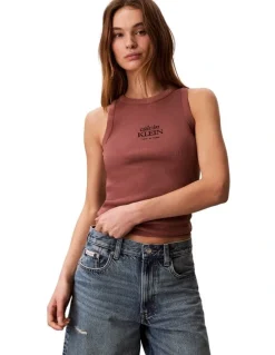 Calvin Klein Jeans Cotton Rib Logo Tank in Sierra Brown