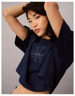 Calvin Klein Jeans Denim Monologo Boxy Cropped T-Shirt in Pageant Blue
