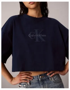 Calvin Klein Jeans Denim Monologo Boxy Cropped T-Shirt in Pageant Blue