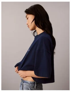 Calvin Klein Jeans Denim Monologo Boxy Cropped T-Shirt in Pageant Blue