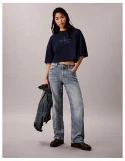 Calvin Klein Jeans Denim Monologo Boxy Cropped T-Shirt in Pageant Blue