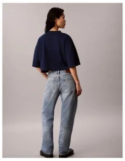 Calvin Klein Jeans Denim Monologo Boxy Cropped T-Shirt in Pageant Blue