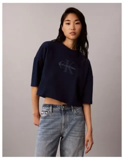 Calvin Klein Jeans Denim Monologo Boxy Cropped T-Shirt in Pageant Blue