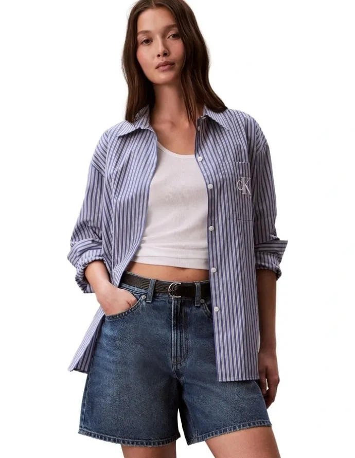 Calvin Klein Jeans Hi Rise A-Line Denim Shorts in Blue Caroline