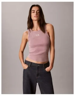 Calvin Klein Jeans Woven Label 2x2 Cotton Rib Tank in Dusky Orchid