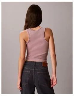 Calvin Klein Jeans Woven Label 2x2 Cotton Rib Tank in Dusky Orchid