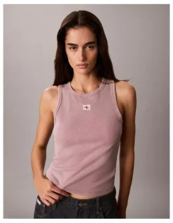 Calvin Klein Jeans Woven Label 2x2 Cotton Rib Tank in Dusky Orchid