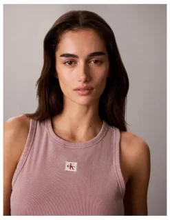 Calvin Klein Jeans Woven Label 2x2 Cotton Rib Tank in Dusky Orchid