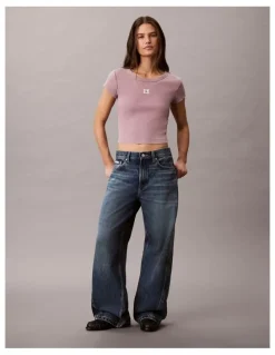 Calvin Klein Jeans Woven Label Rib Baby Tee in Dusky Orchid