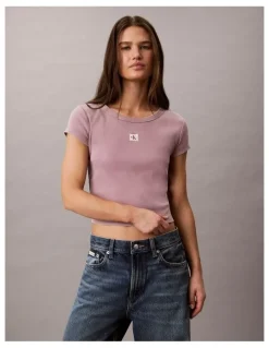 Calvin Klein Jeans Woven Label Rib Baby Tee in Dusky Orchid