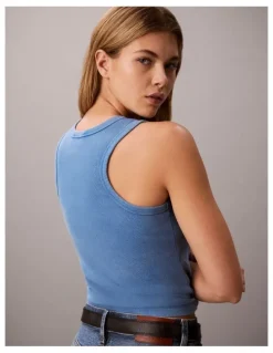 Calvin Klein Jeans Woven Label 2x2 Cotton Rib Tank in Winter Blue