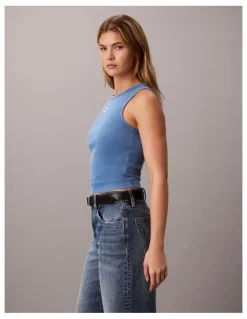 Calvin Klein Jeans Woven Label 2x2 Cotton Rib Tank in Winter Blue