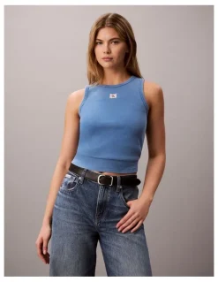 Calvin Klein Jeans Woven Label 2x2 Cotton Rib Tank in Winter Blue