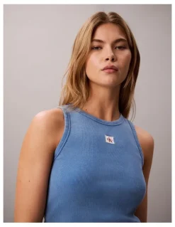 Calvin Klein Jeans Woven Label 2x2 Cotton Rib Tank in Winter Blue