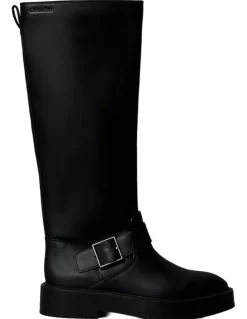 Calvin Klein Leather Stacked Heel Biker Boots in Black