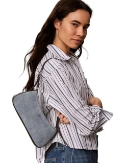Calvin Klein Monogram Logo Hardware Shoulder Bag in Light Wash Denim