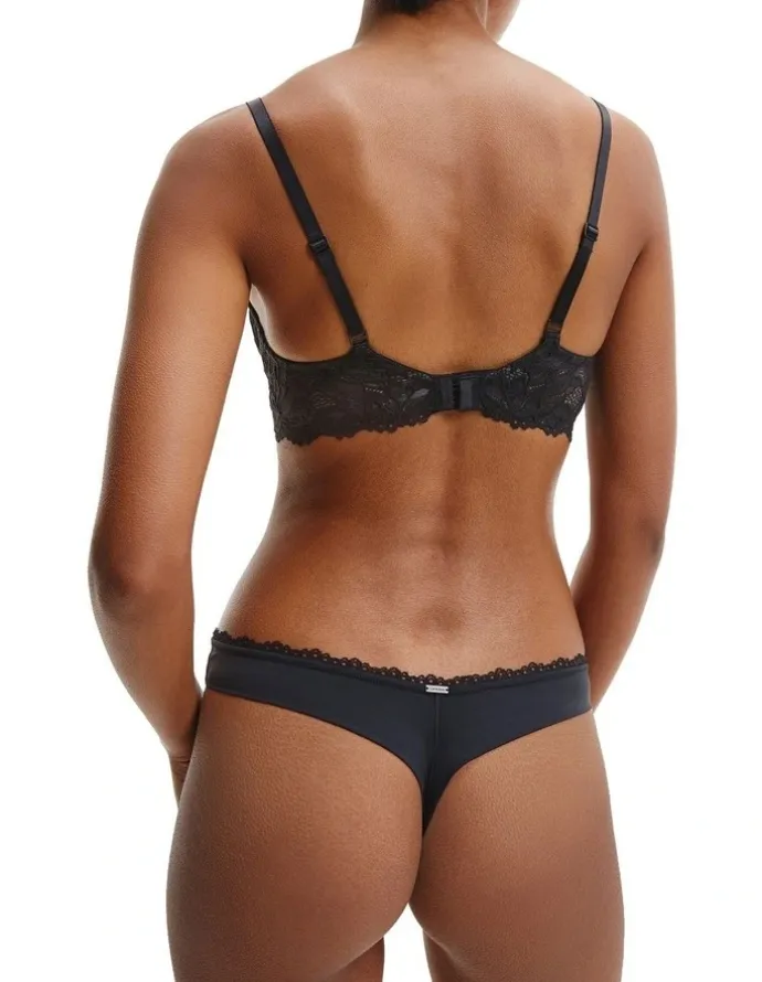 Calvin Klein Seductive Comfort Lotus Floral Thong Brief in Black