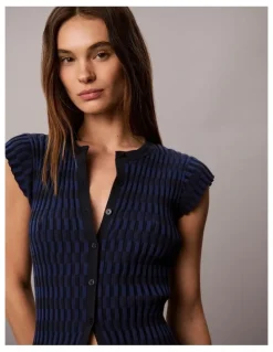 Calvin Klein Women Checkered Rib Cardigan in Estate Blue