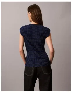 Calvin Klein Women Checkered Rib Cardigan in Estate Blue