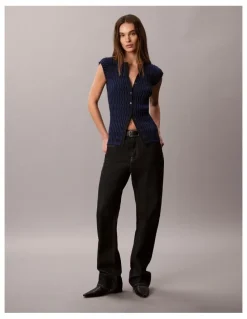 Calvin Klein Women Checkered Rib Cardigan in Estate Blue