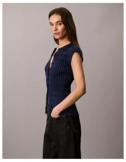 Calvin Klein Women Checkered Rib Cardigan in Estate Blue