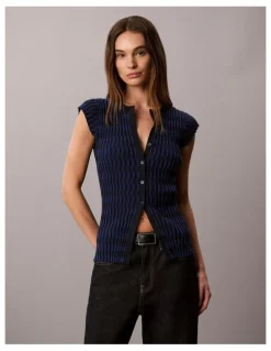 Calvin Klein Women Checkered Rib Cardigan in Estate Blue