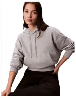 Calvin Klein Women Long Sleeve Premium Terry Emblem Logo Hoodie in Grey