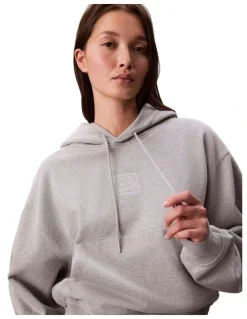 Calvin Klein Women Long Sleeve Premium Terry Emblem Logo Hoodie in Grey